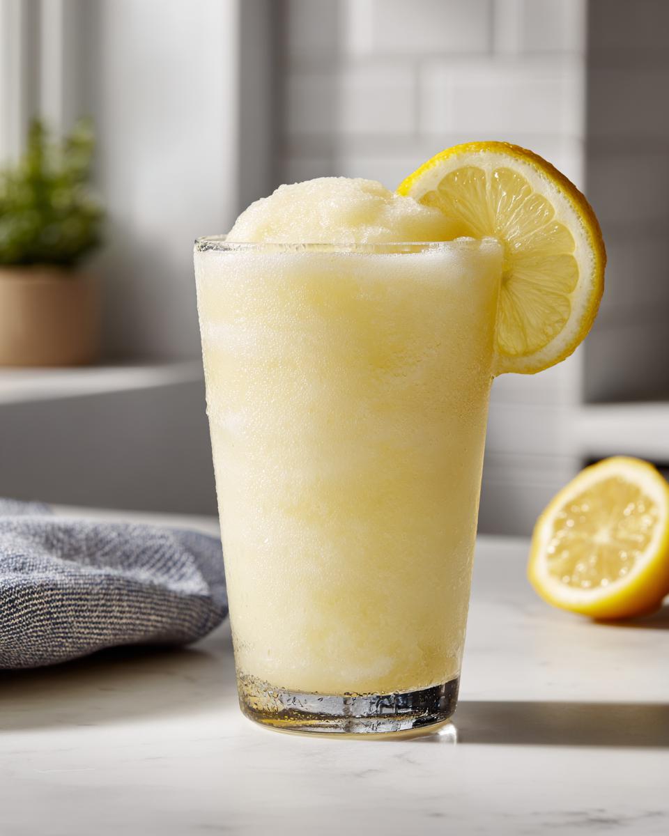 A tall glass filled with icy Frozen Creamy Lemonade, garnished with a fresh lemon slice.