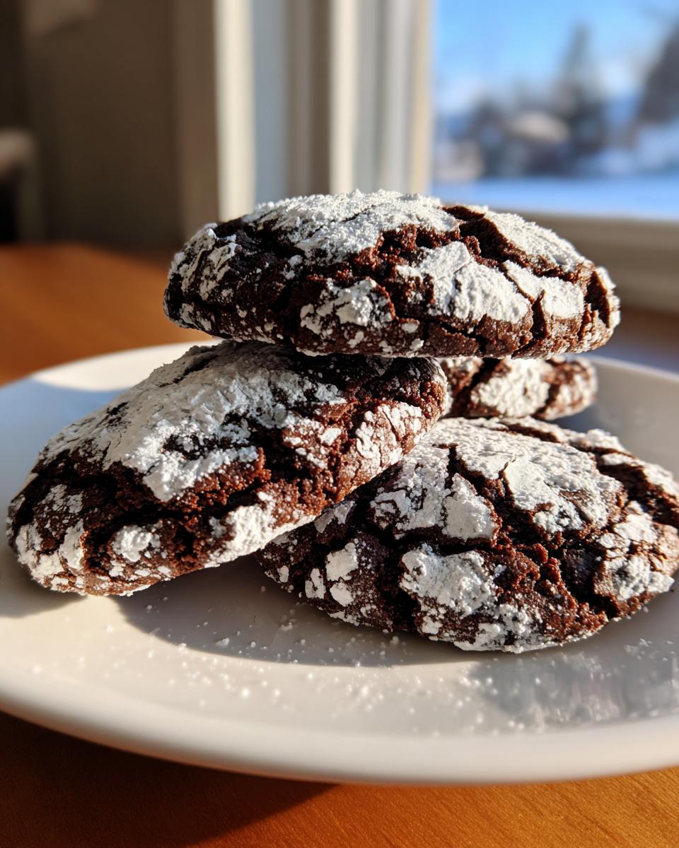 A stack of four rich, dark chocolate crinkle cookies heavily dusted with powdered sugar on a white plate.
