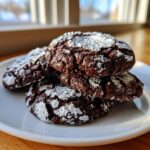 A stack of four rich, dark chocolate crinkle cookies dusted heavily with white powdered sugar.