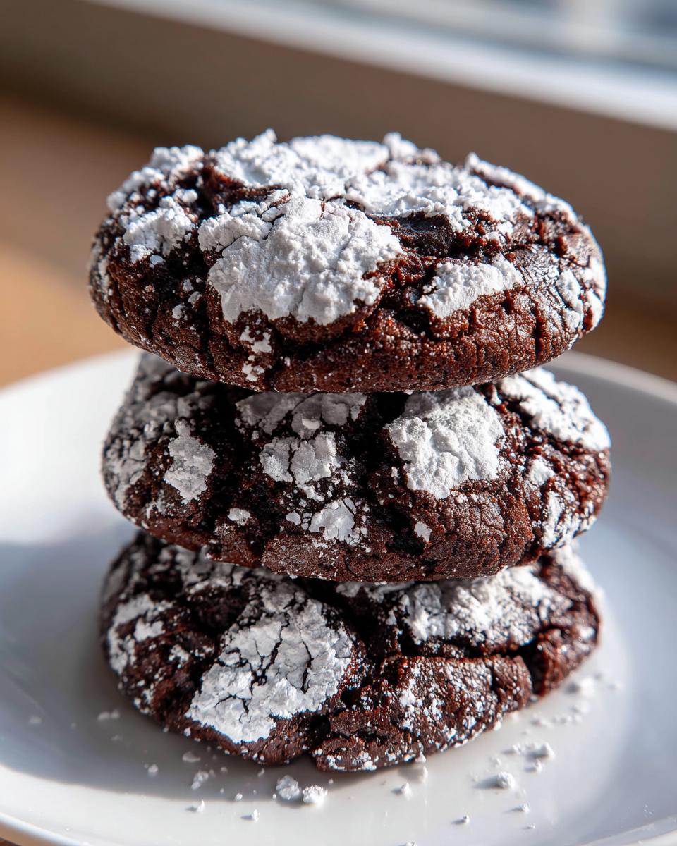 Three fudgy chocolate crinkle cookies stacked on a white plate, heavily dusted with white powdered sugar.