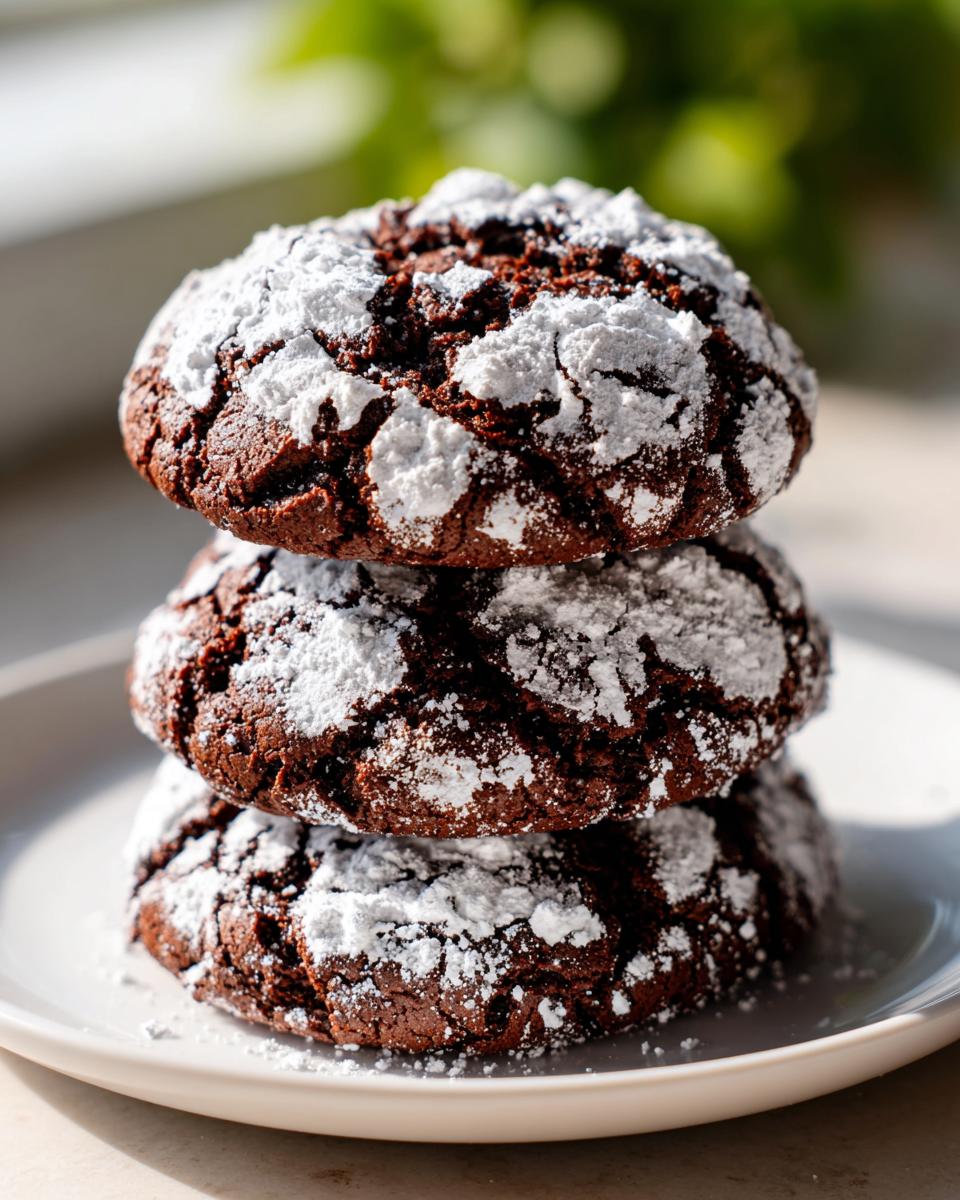A stack of three fudgy chocolate crinkle cookies generously dusted with white powdered sugar.