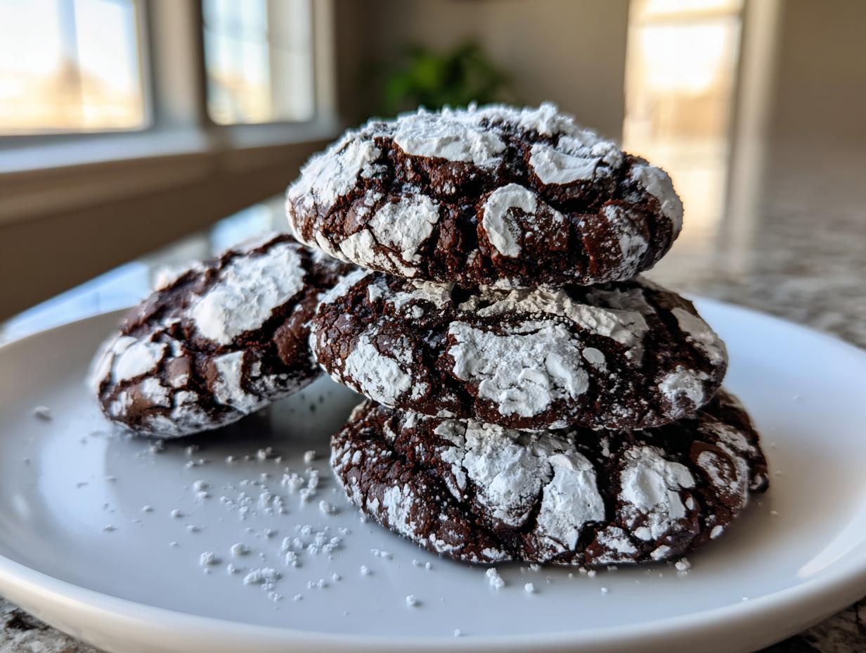 A stack of three fudgy chocolate crinkle cookies heavily dusted with white powdered sugar, resting on a white plate.