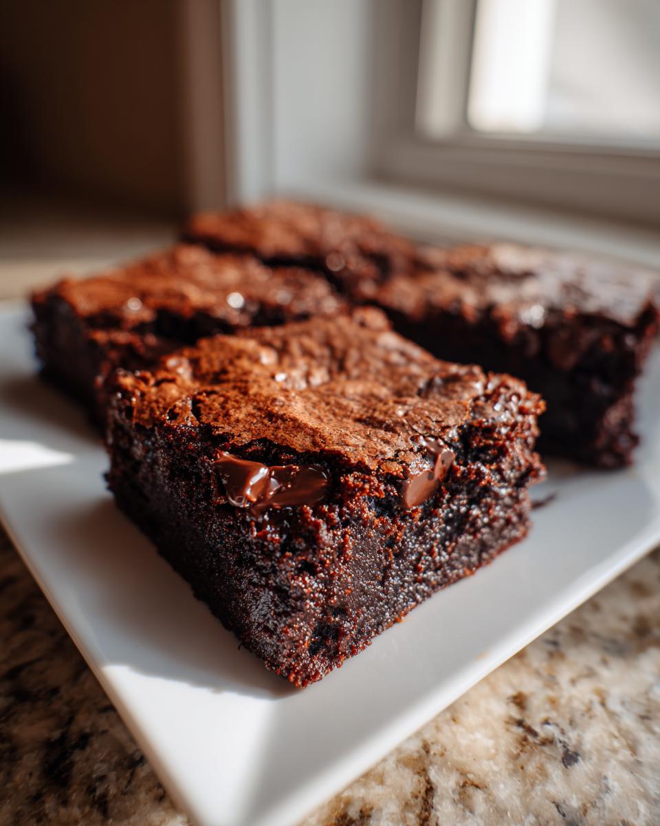 A close-up of rich, fudgy sweet potato brownies with melted chocolate chips on a white plate.