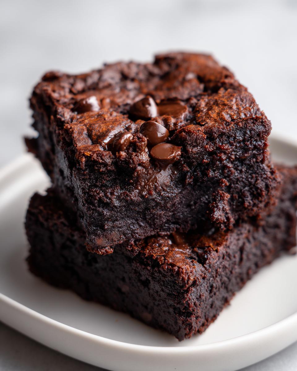 Close-up of two stacked, fudgy sweet potato brownies topped with melted chocolate chips on a white plate.