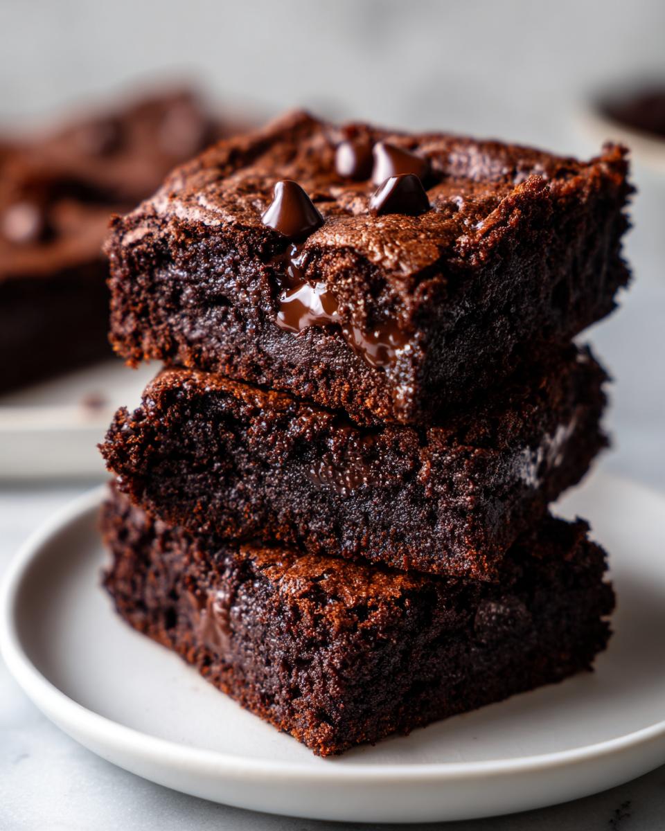 A stack of three fudgy sweet potato brownies topped with melting chocolate chips on a white plate.