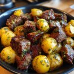 A close-up of a black bowl filled with glistening garlic butter steak bites and small roasted potatoes, sprinkled with fresh parsley.