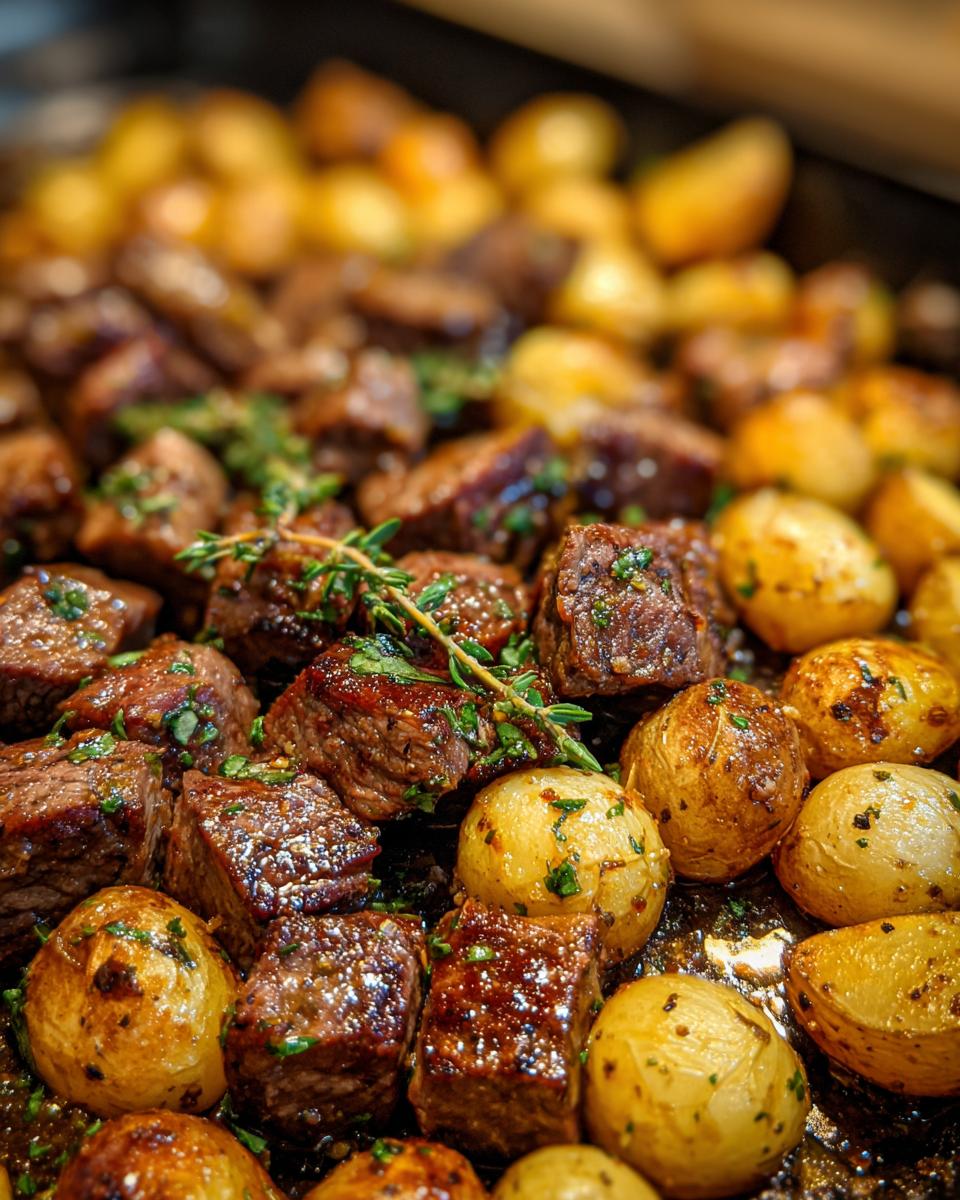 Close-up of juicy garlic butter steak bites and golden roasted potatoes, garnished with fresh herbs.