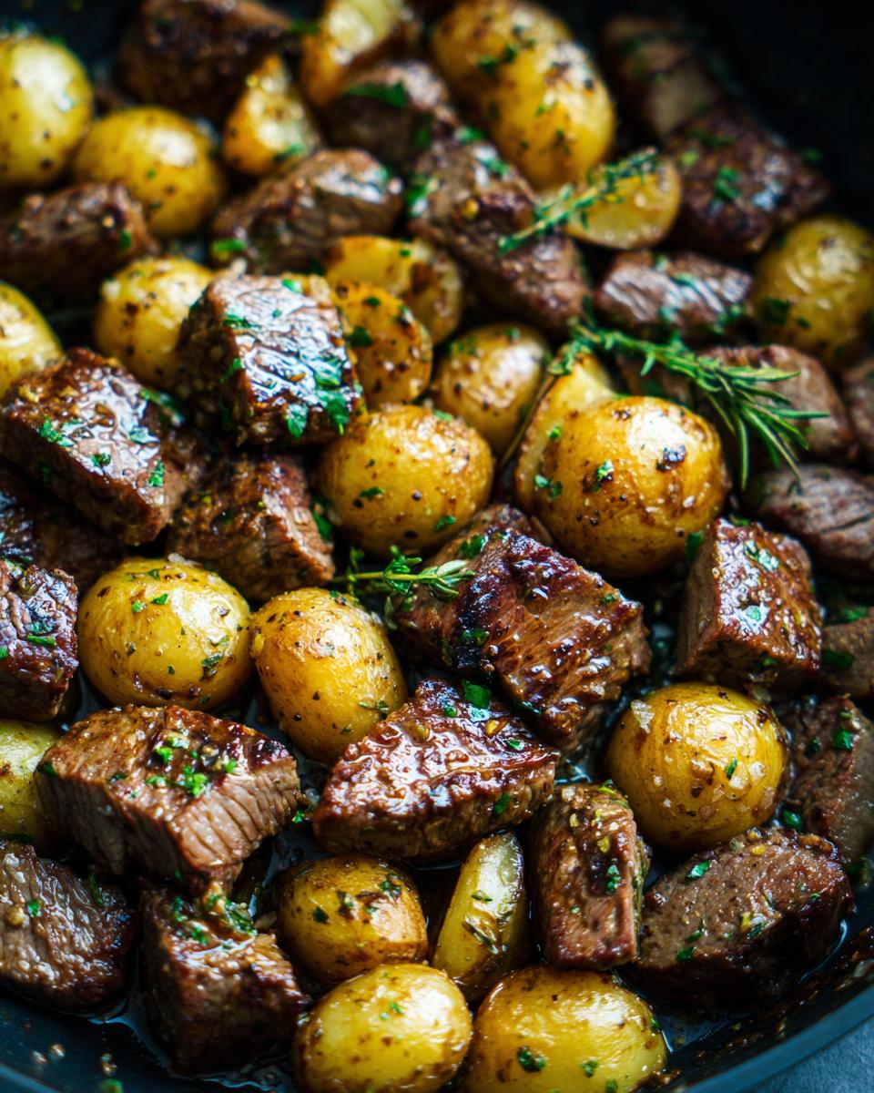 Close-up of tender garlic butter steak bites and golden roasted potatoes, garnished with fresh herbs.