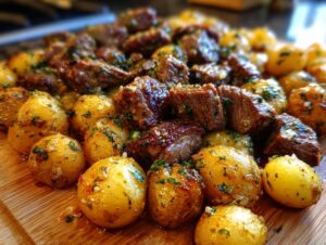 A close-up of glistening garlic butter steak bites and roasted potatoes, seasoned with herbs.