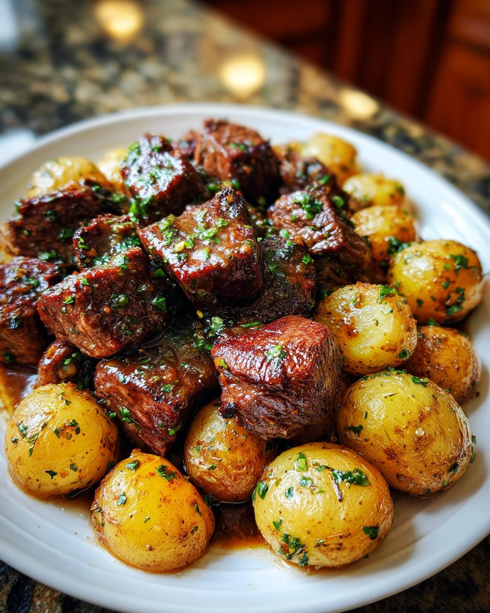 A close-up of a white platter filled with juicy garlic butter steak bites and golden baby potatoes, garnished with fresh parsley.