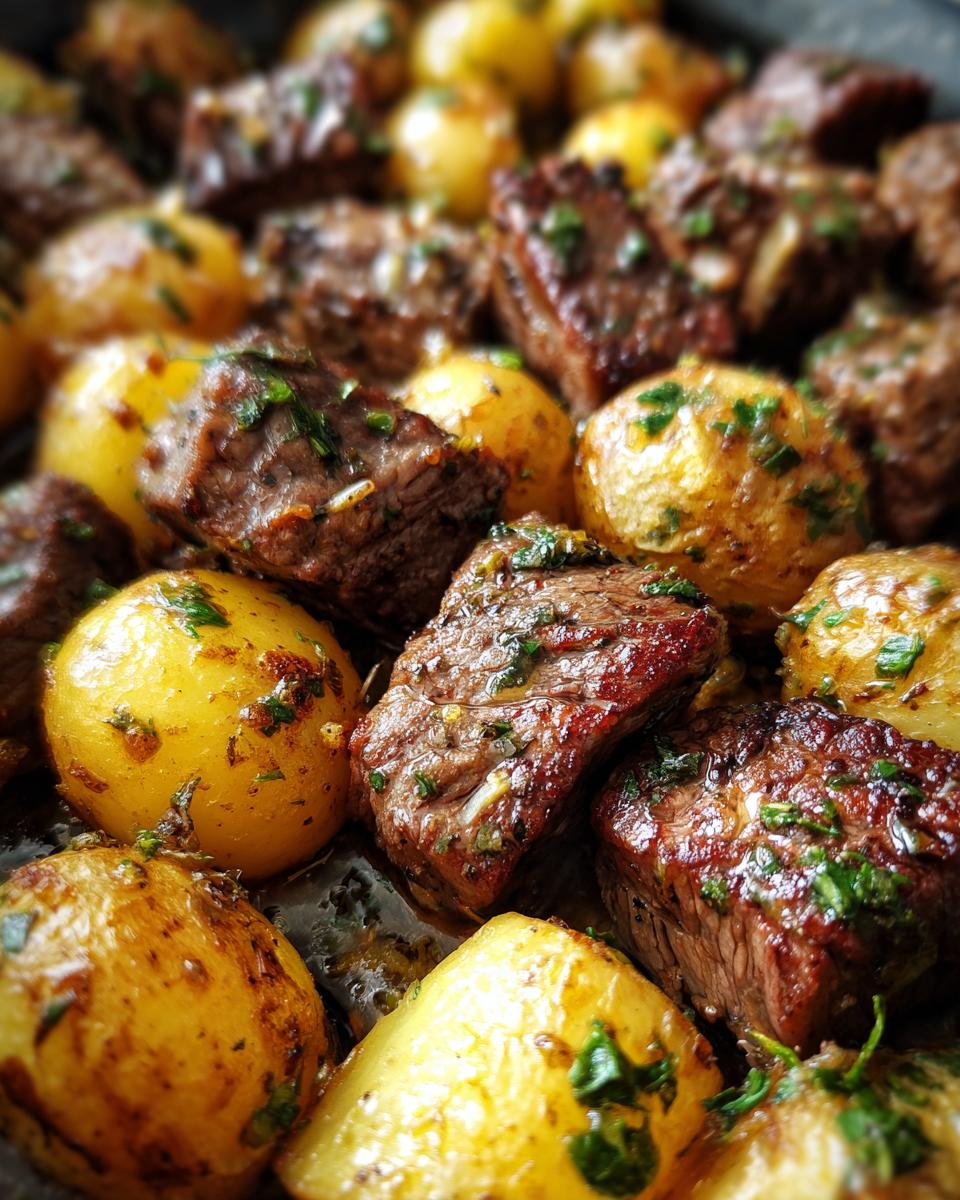 Close-up of juicy garlic butter steak bites and golden roasted potatoes, garnished with fresh herbs.