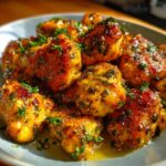 A close-up of golden brown garlic herb chicken bites, glistening with sauce and sprinkled with fresh parsley.