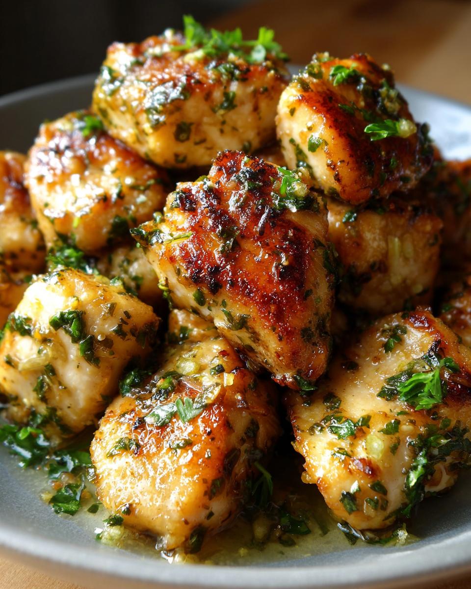 A close-up shot of golden-brown garlic herb chicken bites, glistening with sauce and sprinkled with fresh parsley.