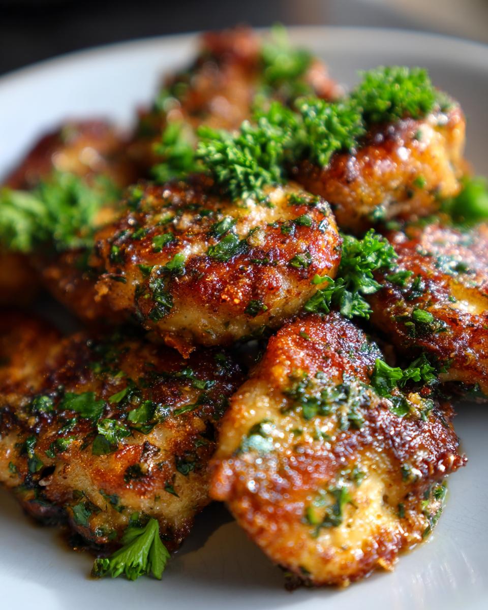 Close-up of golden brown Garlic Herb Chicken Bites, garnished with fresh parsley, on a white plate.