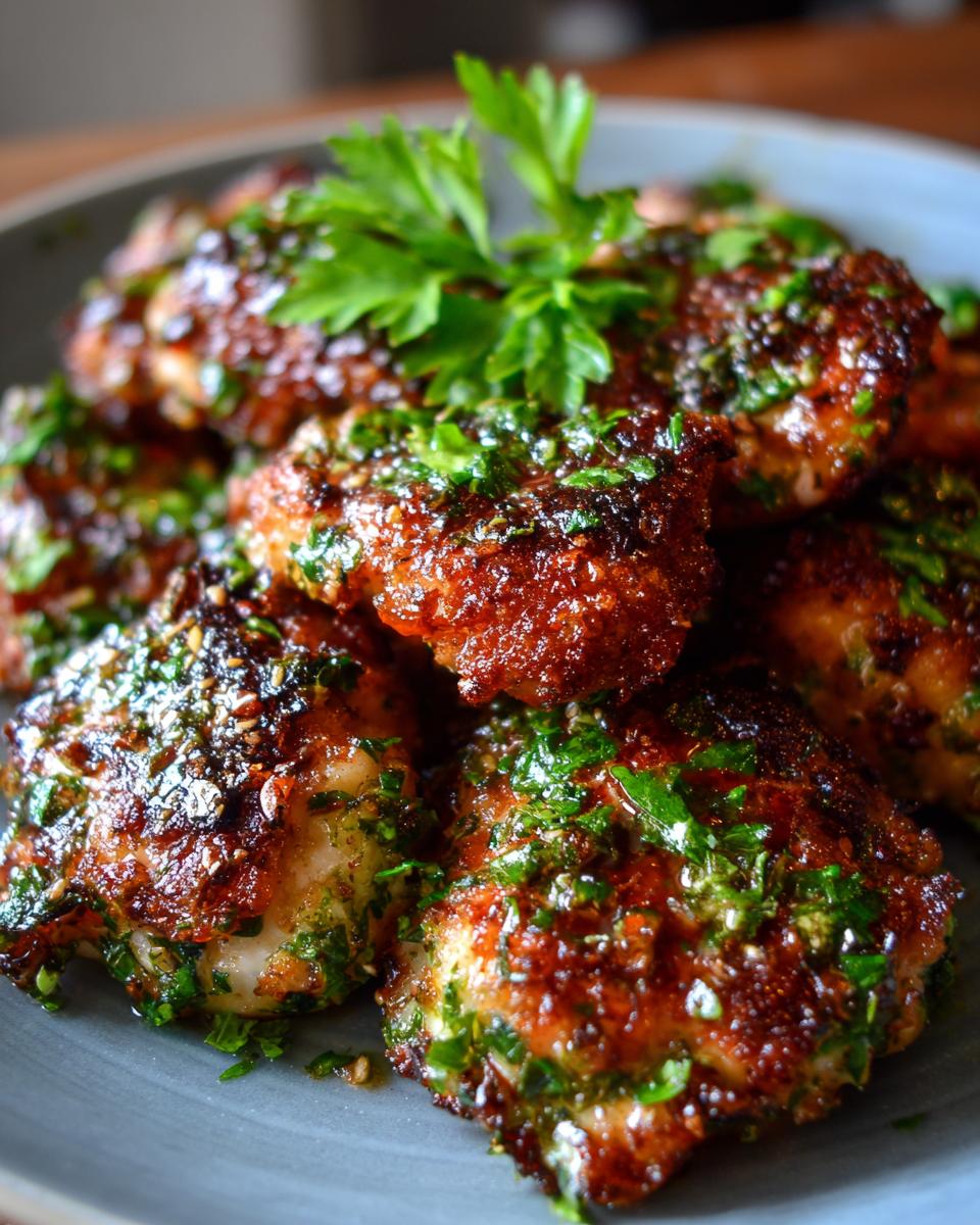 Close-up of golden-brown garlic herb chicken bites, garnished with fresh parsley.