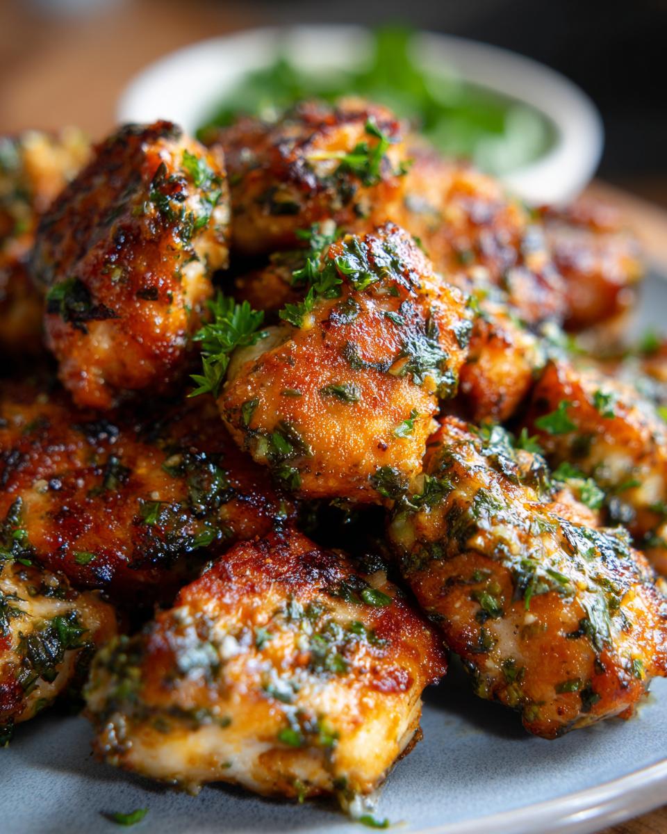 Close-up of golden brown garlic herb chicken bites, sprinkled with fresh parsley, on a plate.