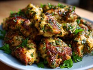 A close-up of a platter filled with golden brown garlic herb chicken bites, garnished with fresh parsley.