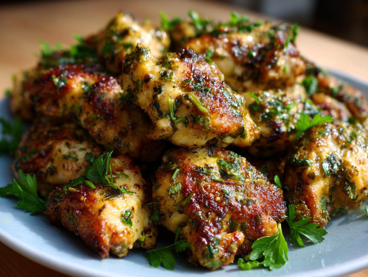 A close-up of a platter filled with golden brown garlic herb chicken bites, garnished with fresh parsley.