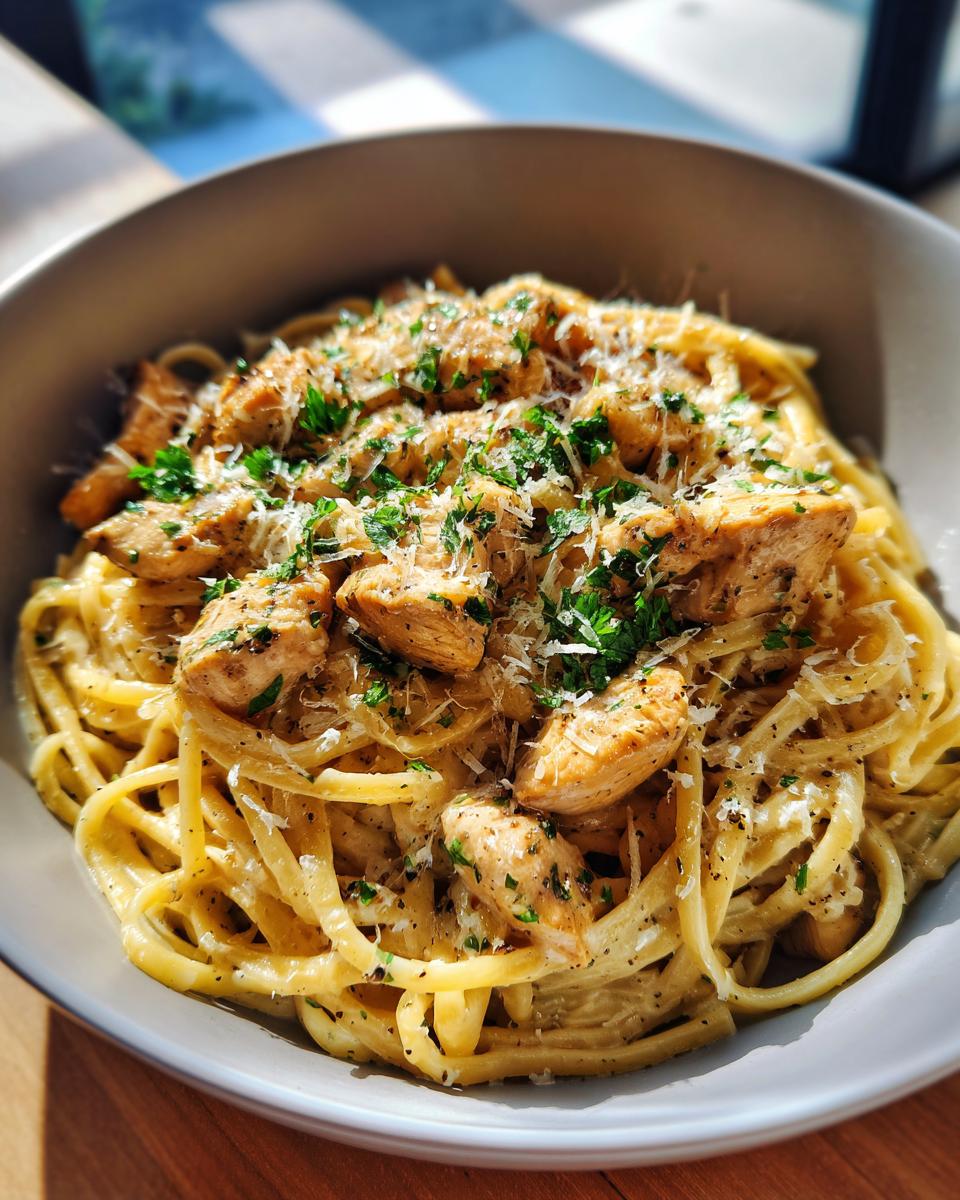 A bowl of creamy Garlic Parmesan Chicken Pasta topped with shredded Parmesan cheese and fresh parsley.