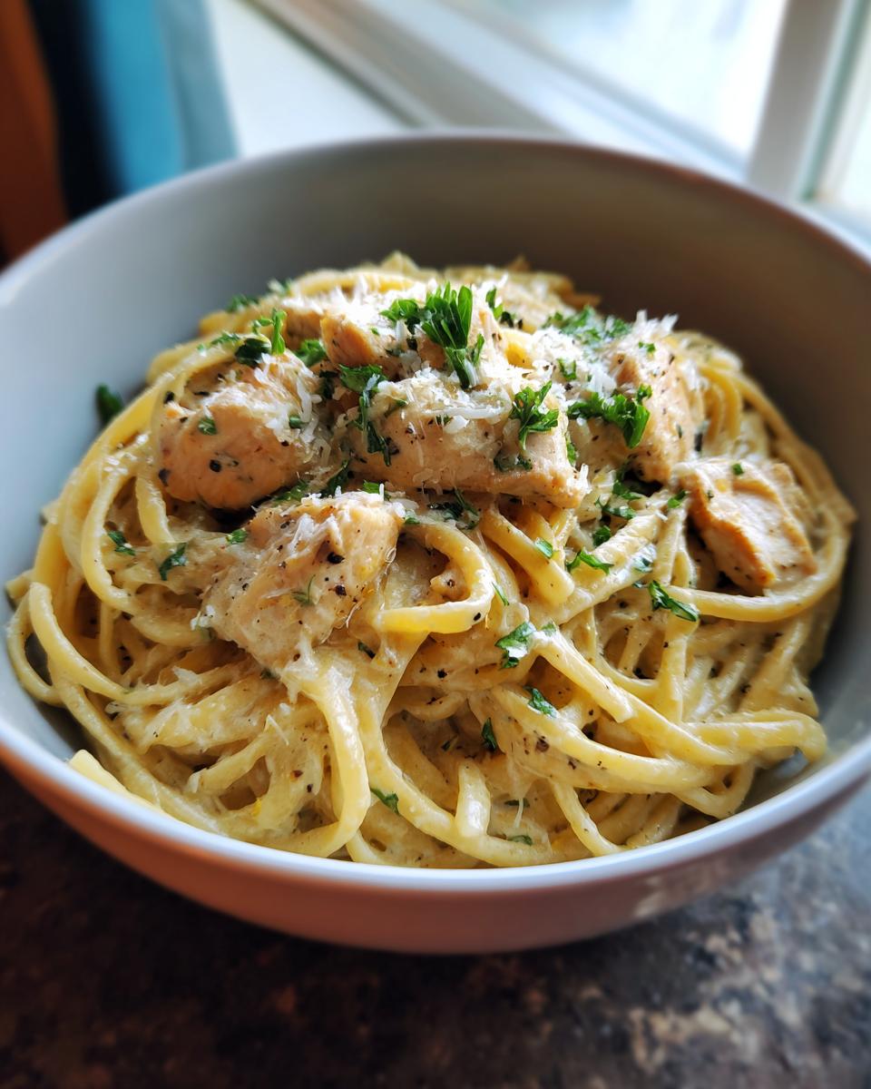 A close-up of a bowl filled with Garlic Parmesan Chicken Pasta, topped with shredded Parmesan and parsley.