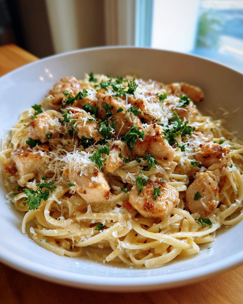 A close-up of Garlic Parmesan chicken pasta in a white bowl, topped with shredded Parmesan cheese and parsley.