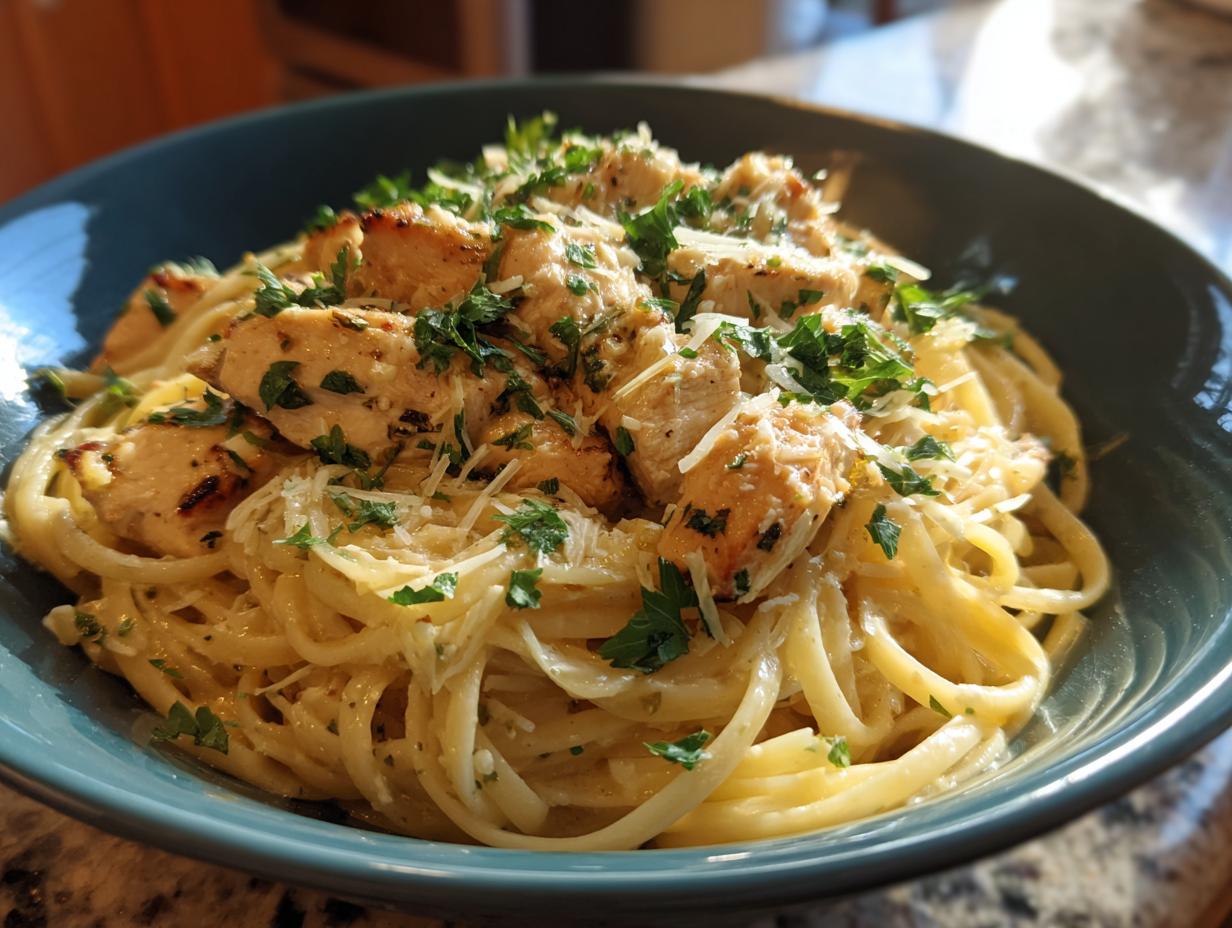 A close-up of Garlic Parmesan chicken pasta in a teal bowl, topped with chopped parsley and shredded Parmesan cheese.