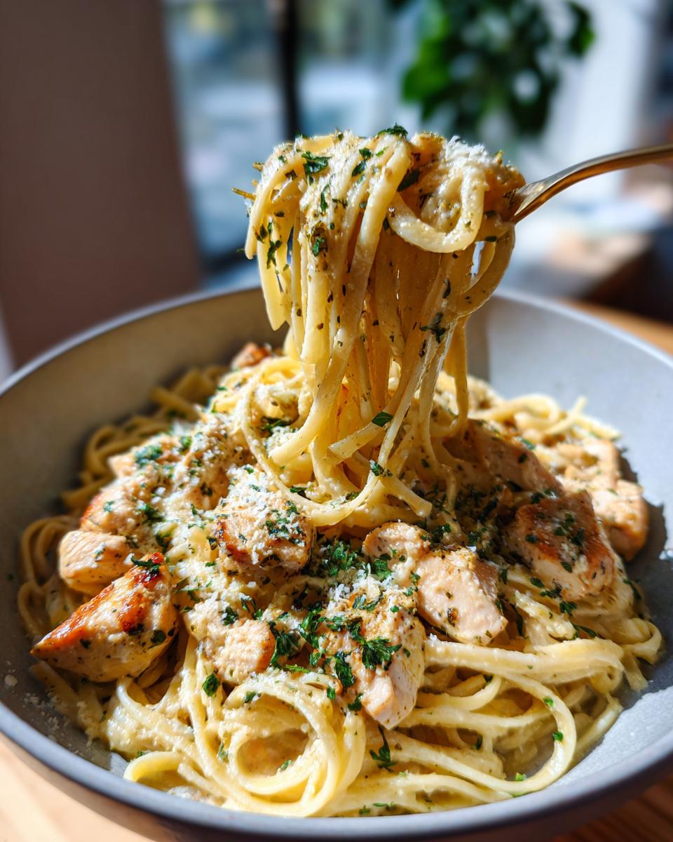 A fork lifting a portion of Garlic Parmesan Chicken Pasta, showing tender chicken pieces and creamy sauce, garnished with parsley.