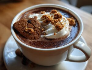 A close-up of a mug filled with rich Gingerbread hot chocolate, topped with whipped cream, cookie crumbles, and a gingerbread cookie.