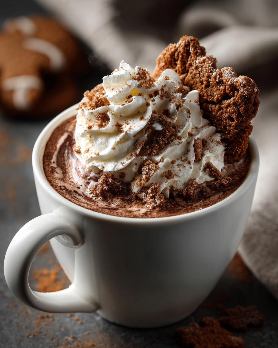 A steaming mug of Gingerbread hot chocolate topped with whipped cream and gingerbread cookie crumbles.