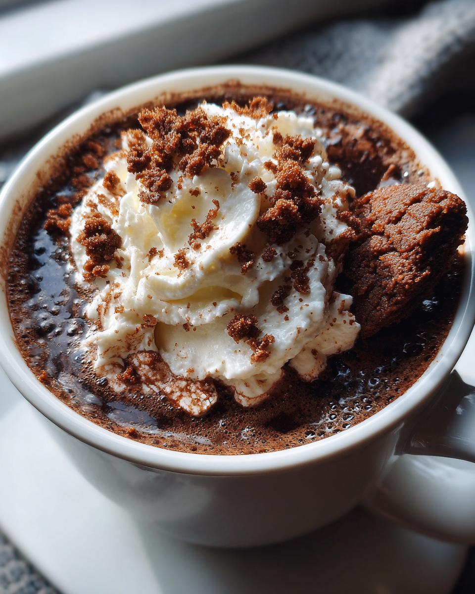 A close-up of a mug of Gingerbread hot chocolate topped with whipped cream, cookie crumbles, and a gingerbread cookie.