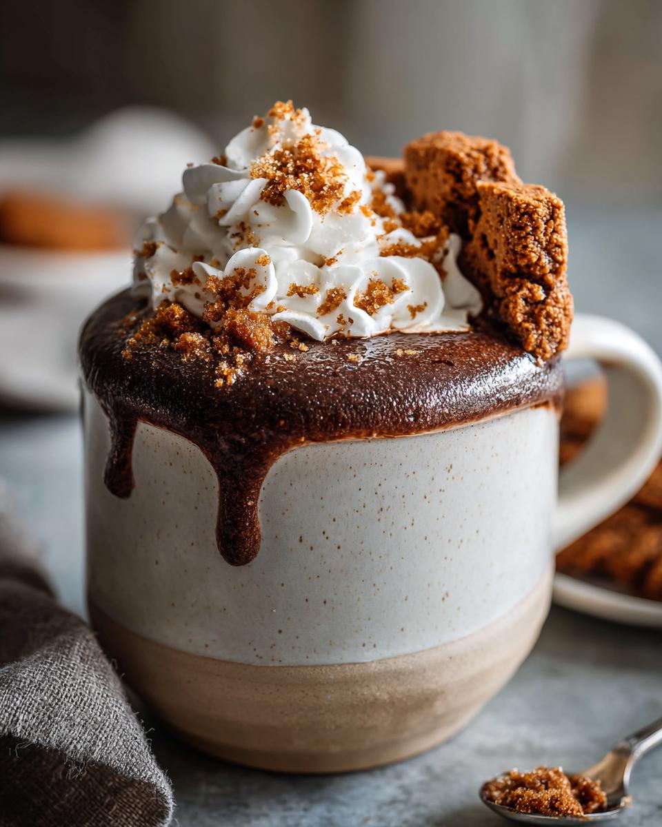 A mug of rich Gingerbread Hot Chocolate topped with whipped cream, gingerbread crumbs, and cookies.