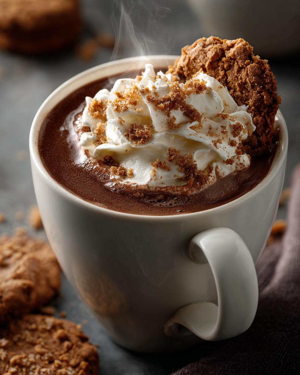 A steaming mug of Gingerbread hot chocolate topped with whipped cream and cookie crumbles.