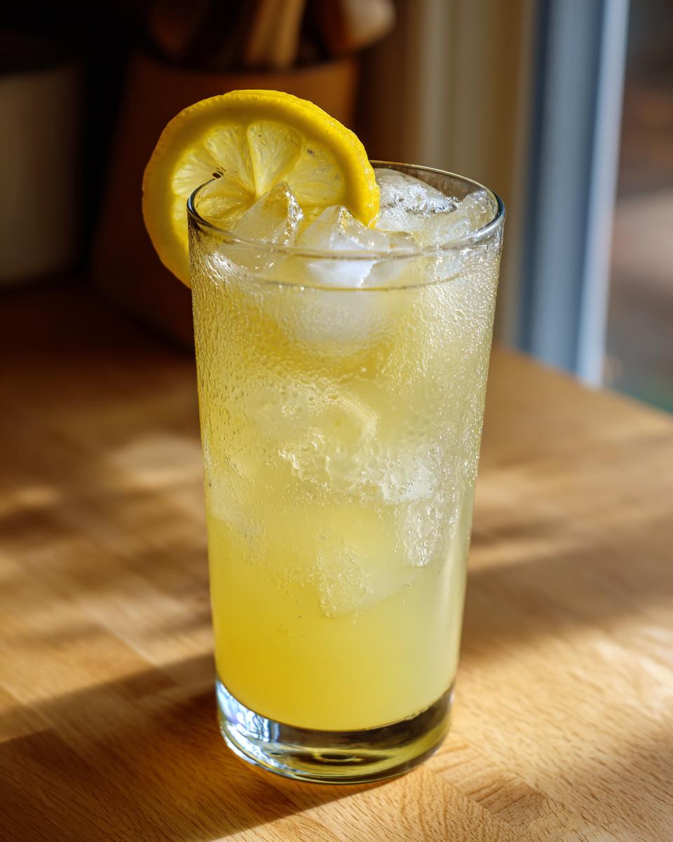 A tall, chilled glass of bright yellow lemonade filled with ice and garnished with a lemon slice.
