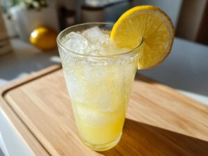 A tall, frosty glass filled with homemade lemonade, ice cubes, and garnished with a fresh lemon slice.