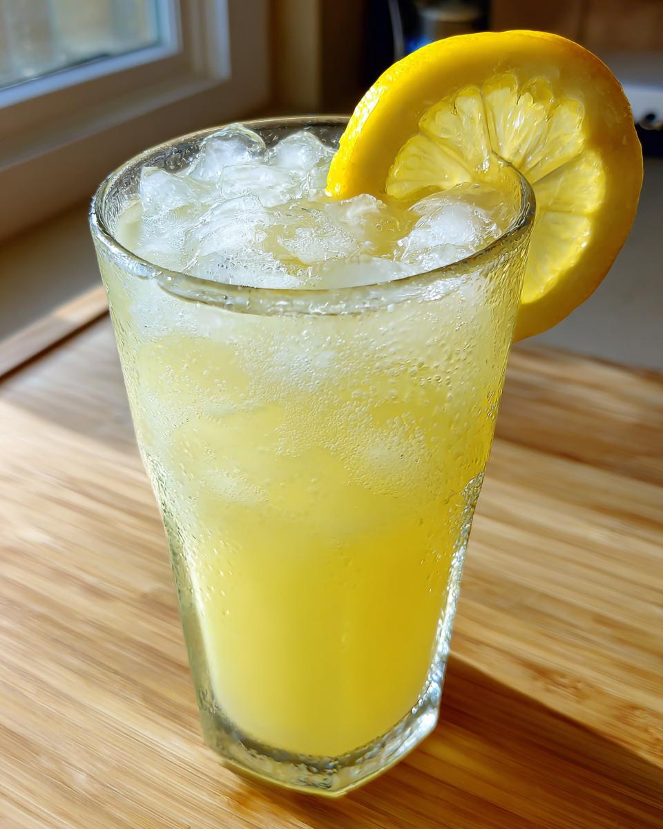 A tall, sweating glass filled with bright yellow lemonade and crushed ice, garnished with a lemon slice.