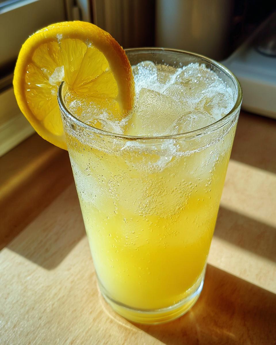 A tall glass filled with bright yellow, icy lemonade, garnished with a fresh lemon slice.
