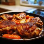 Four perfectly glazed braised chicken thighs served with baby carrots in a rich sauce.
