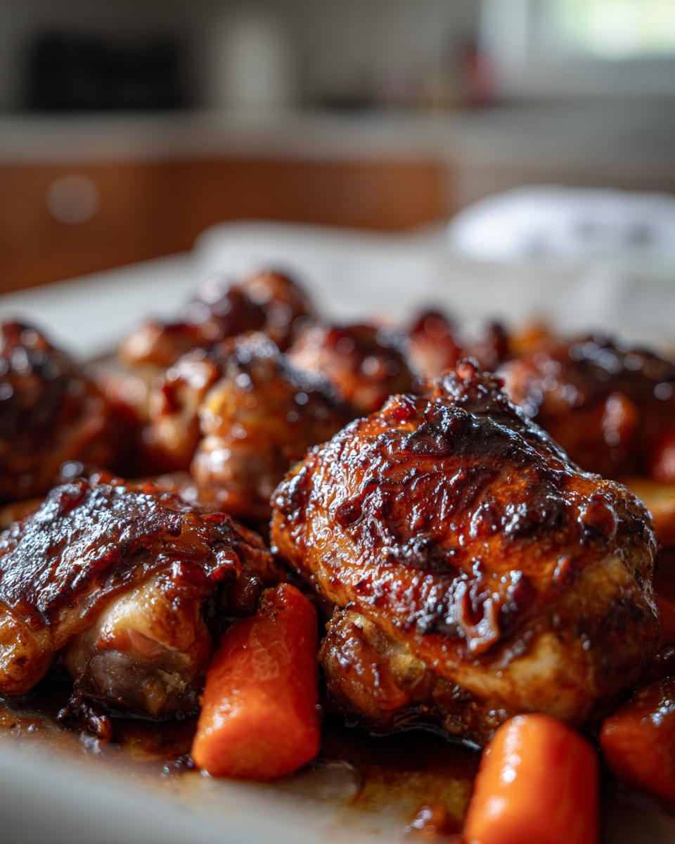 Close-up of deeply glazed, tender braised chicken thighs nestled with bright orange carrots.