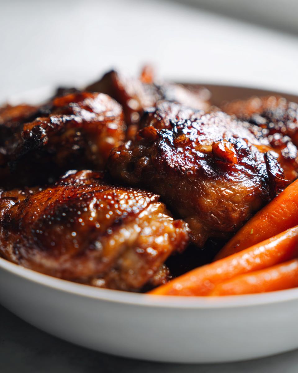 Close-up of deeply glazed, caramelized braised chicken thighs served alongside bright orange carrots in a white bowl.