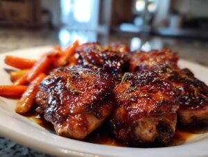 Close-up of several rich, dark glazed braised chicken thighs served with bright orange glazed carrots.