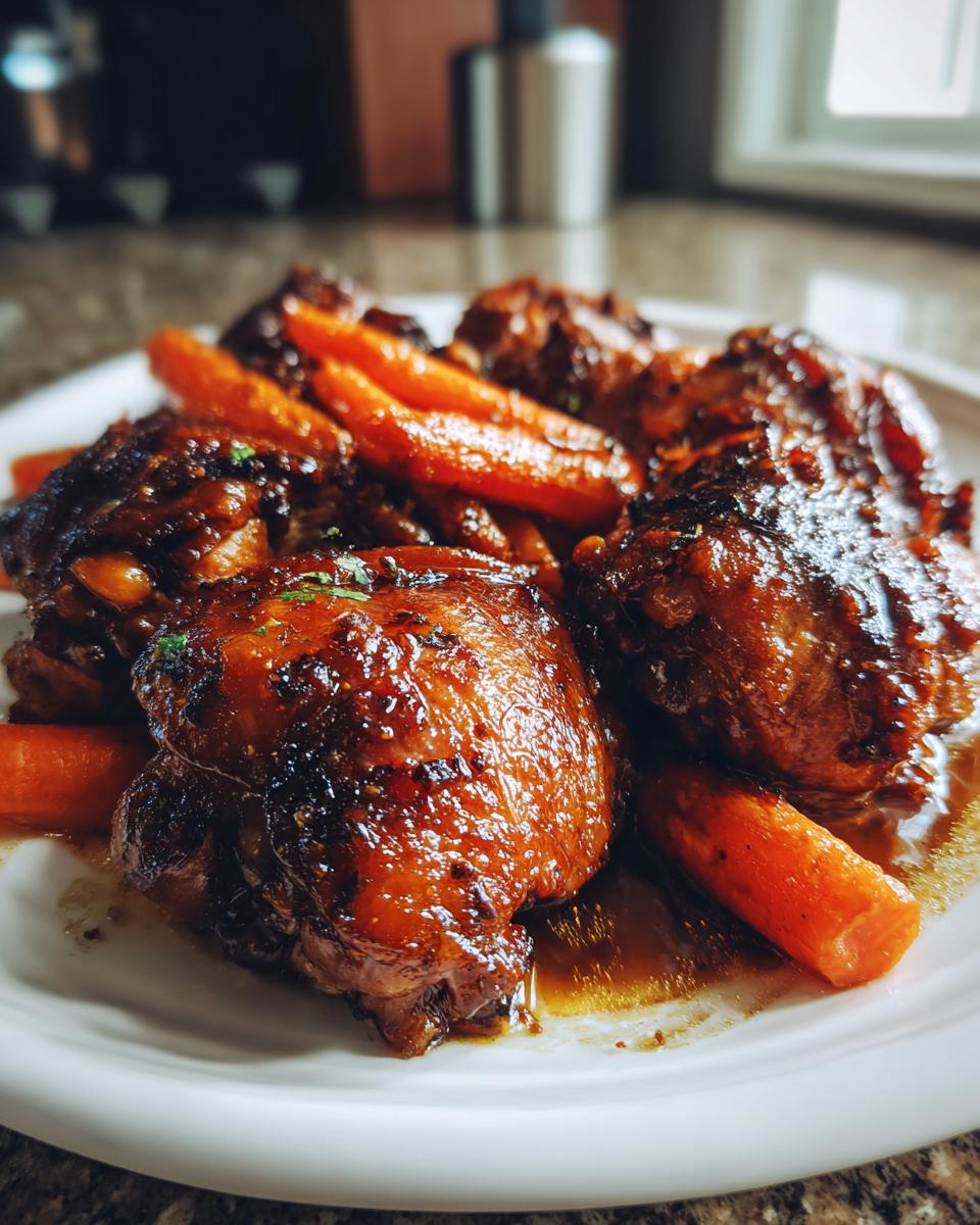 A plate of rich, dark glazed braised chicken thighs served with bright orange carrots.