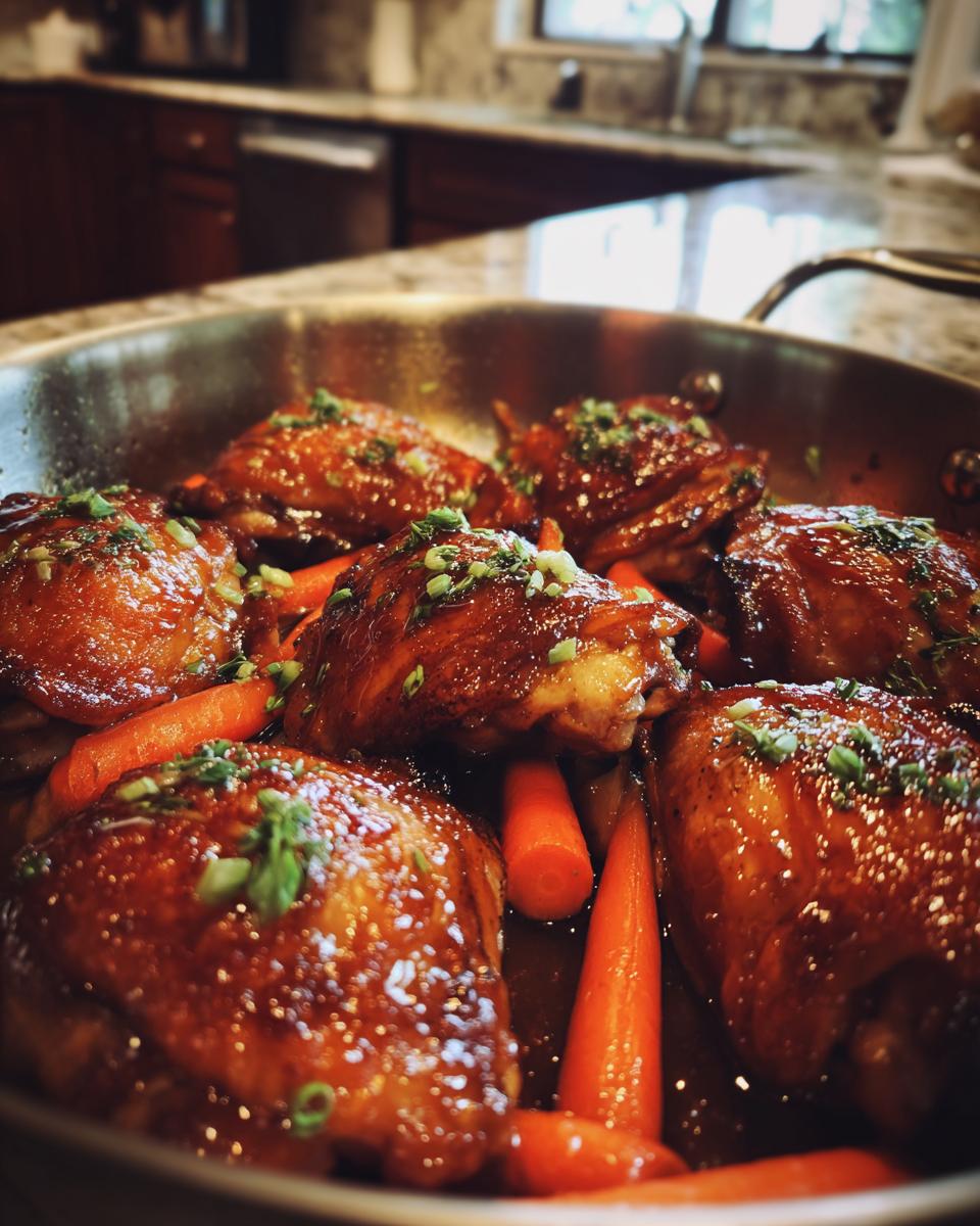 Close-up of several glazed braised chicken thighs cooked with whole carrots in a stainless steel skillet.
