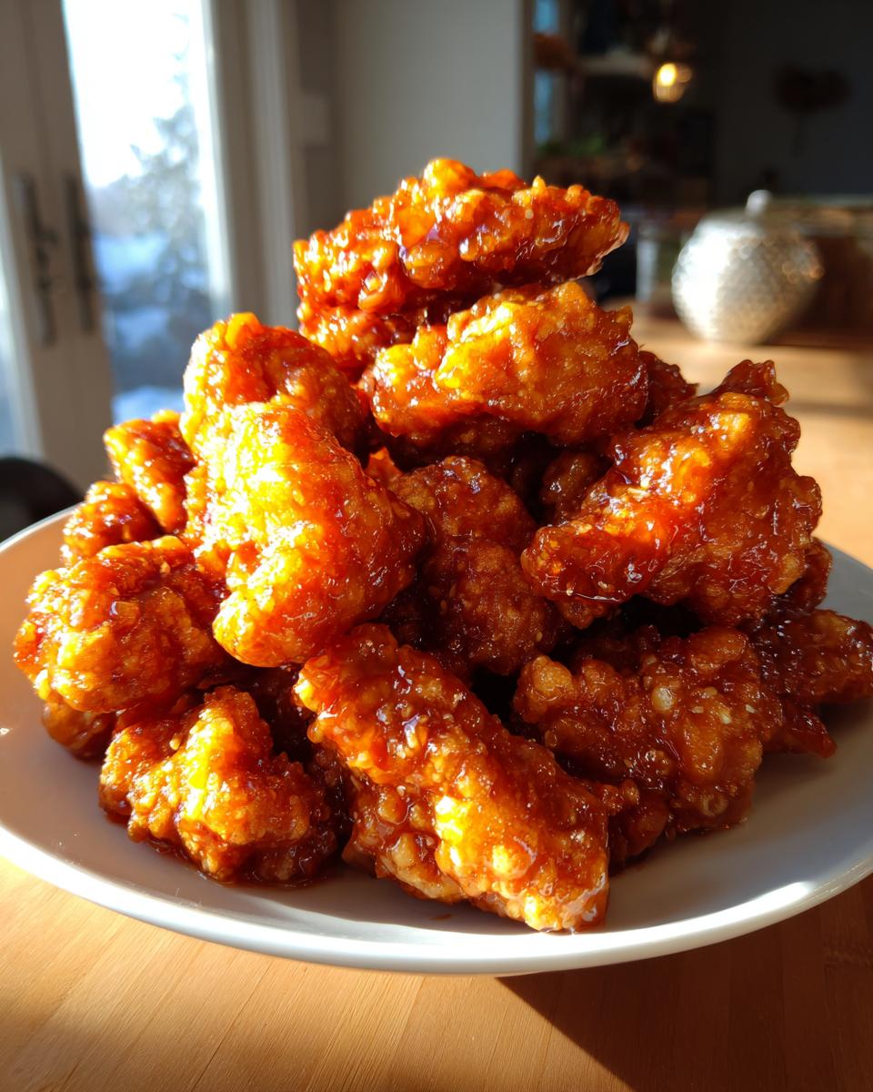 A mound of crispy, glazed pieces of orange chicken recipe piled high on a white plate.