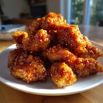 A pile of crispy, glazed pieces from an orange chicken recipe piled high on a white plate, glistening under warm light.