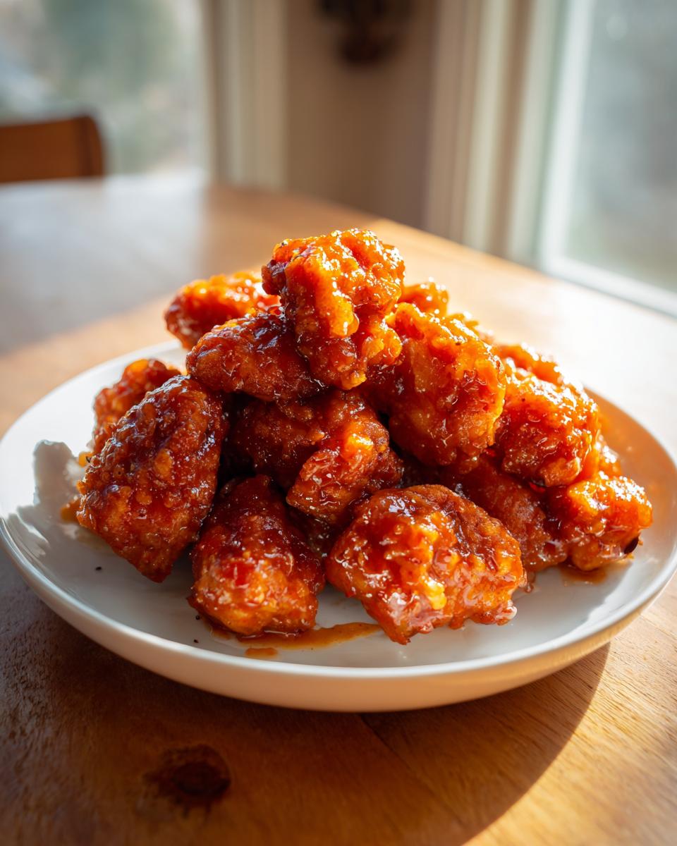 A mound of crispy, glazed orange chicken recipe pieces piled high on a white plate.