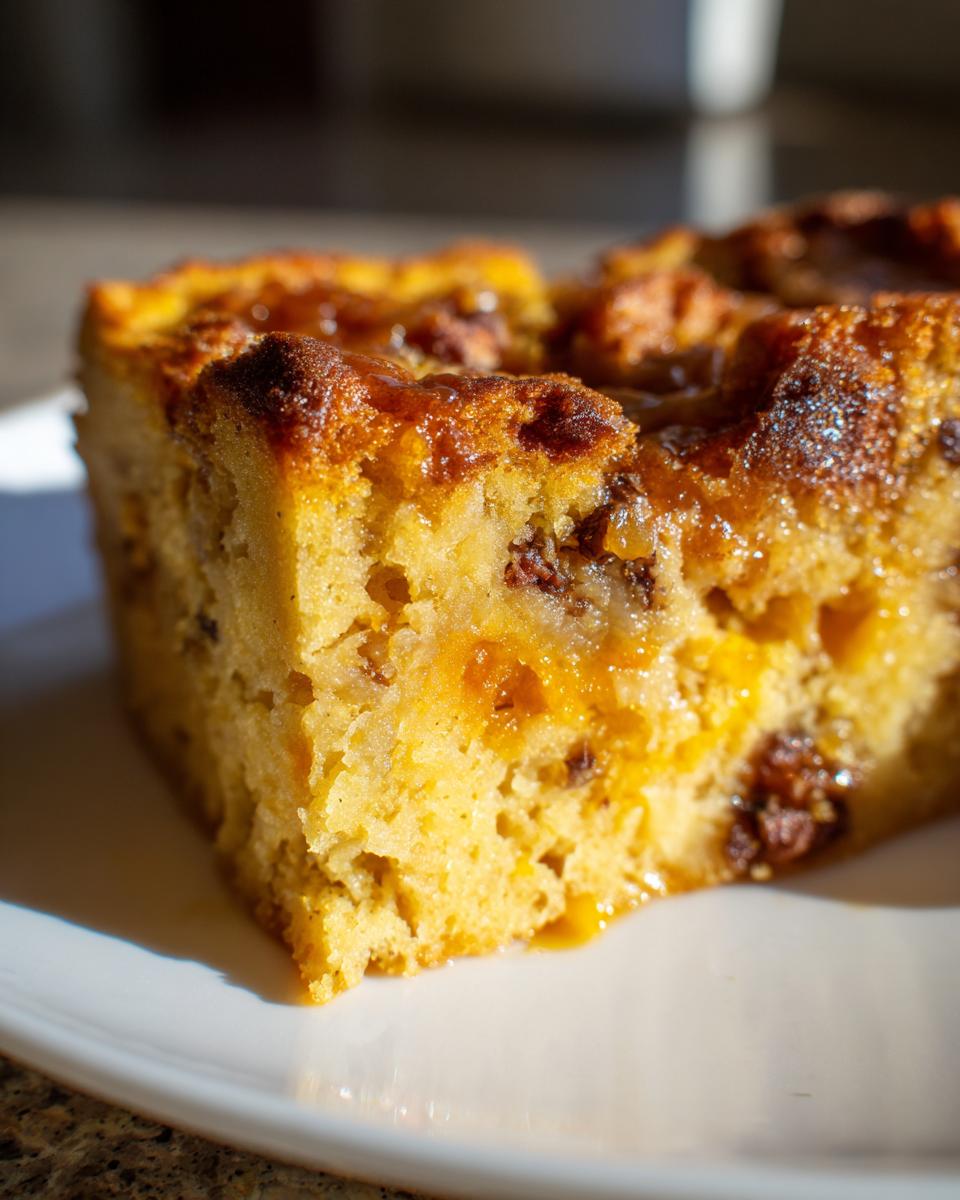 Close-up of a slice of gluten-free pumpkin bread pudding on a white plate, showing its moist texture and visible raisins.