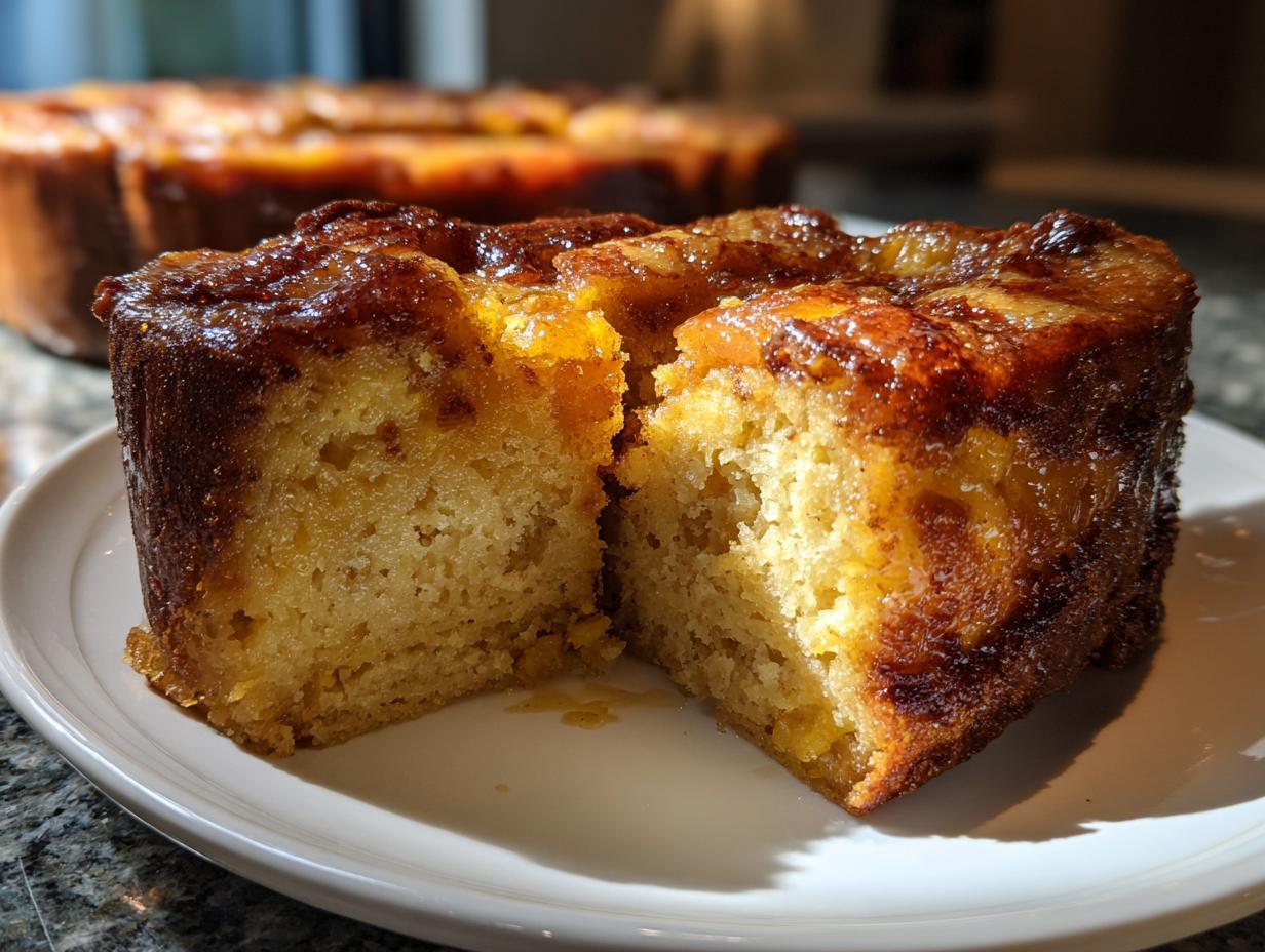A slice of gluten-free pumpkin bread pudding on a white plate, showing its moist texture and caramelized topping.
