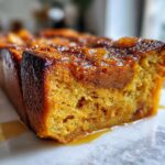 Close-up of a moist slice of gluten-free pumpkin bread pudding with a glossy caramel topping.