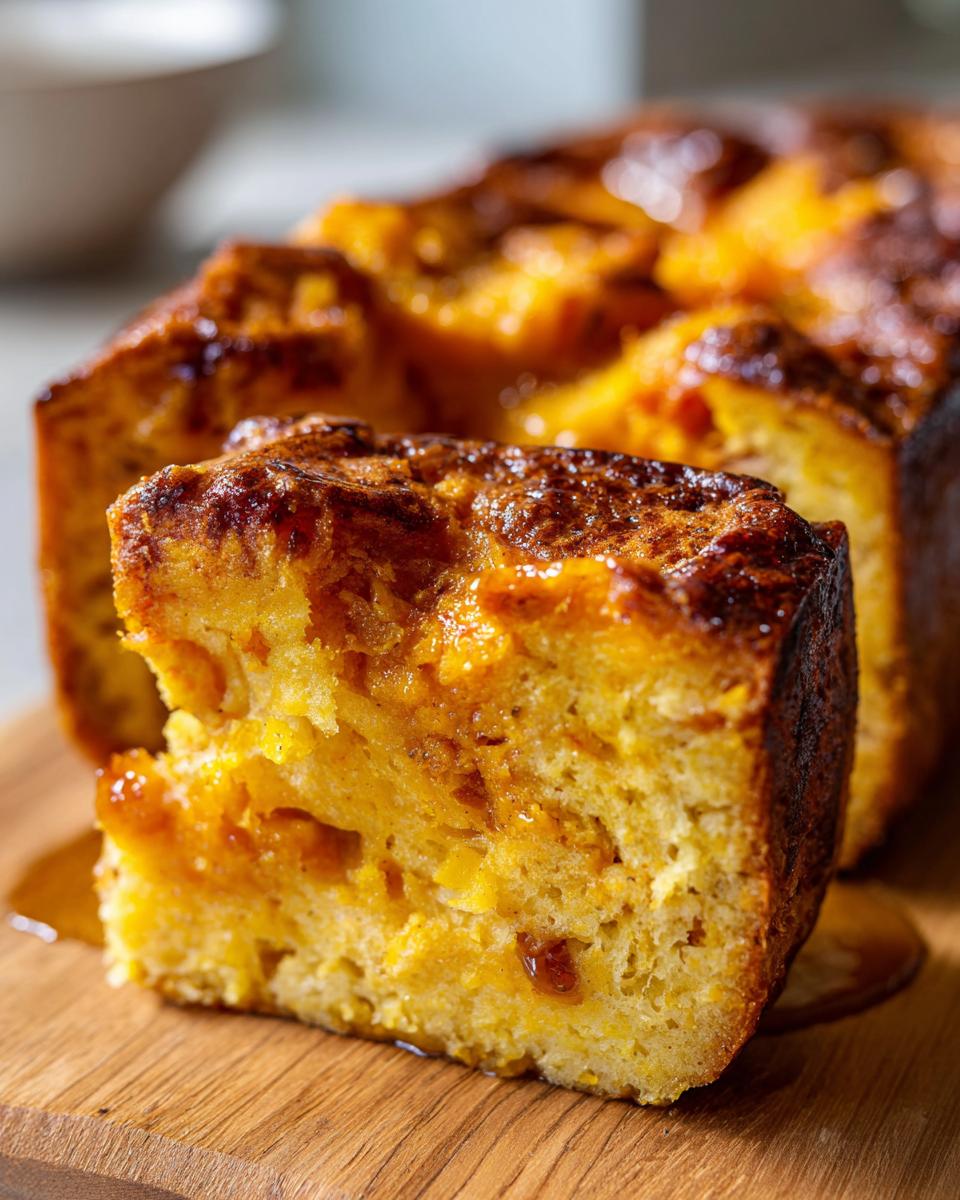A close-up of a slice of gluten-free pumpkin bread pudding, showing its moist texture and caramelized topping.