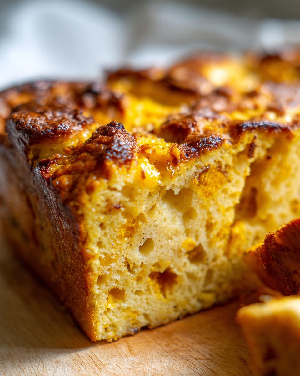 Close-up of a slice of gluten-free pumpkin bread pudding, showing its moist texture and golden-brown crust.